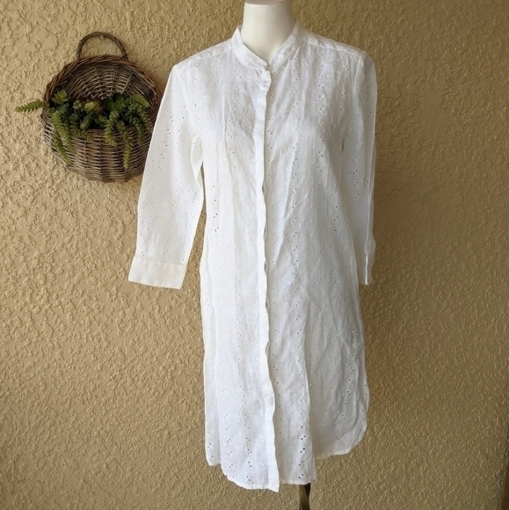 100%lino button down eyelet‎ tunic shirt